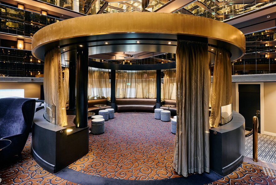 The luxury circular lounge area of The Atrium on 35, located within the Sofitel Melbourne on Collins hotel.