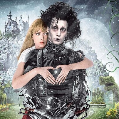 A movie poster of Edward Scissorhands showing Johnny Depp and Winona Ryder in a garden setting. 