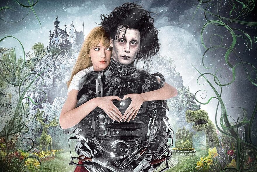 A movie poster of Edward Scissorhands showing Johnny Depp and Winona Ryder in a garden setting. 