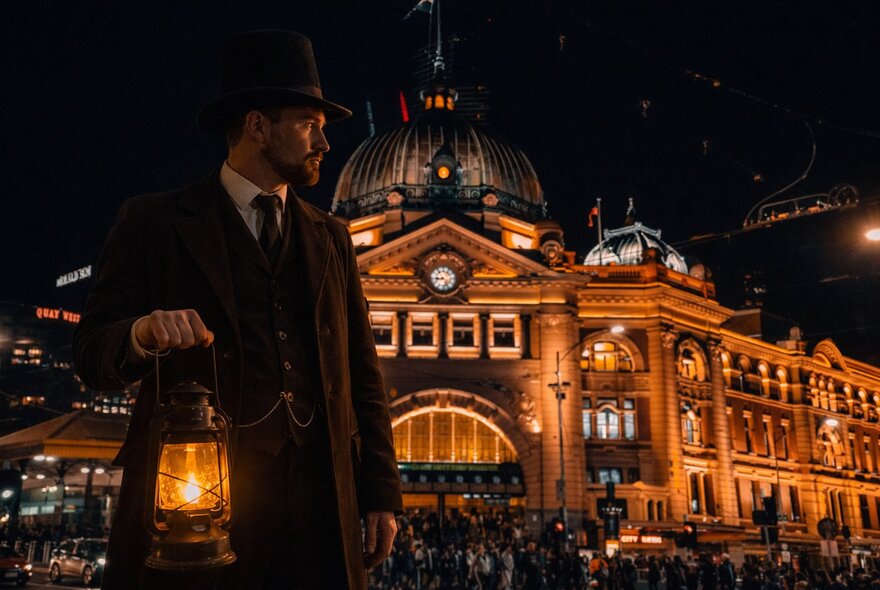 Man holding an old-fashioned lantern outside illuminated Flinders St Station at night, wearing a suit and cap.