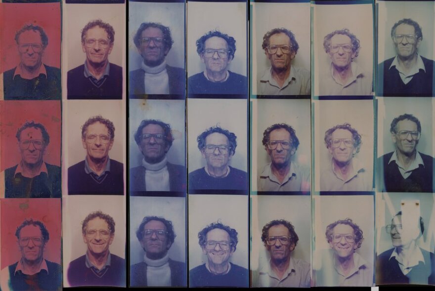 Seven strip rows of photos of the same man, photo booth technician Alan Adler; the type of strip photos you'd get from a photobooth.