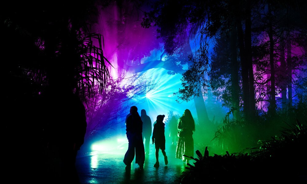 A family are walking through a forest at night which is lit up in neon colourful lights