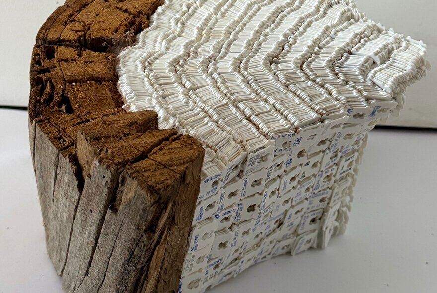 Wooden sculpture with white detail.