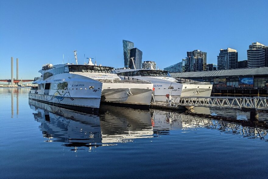 Ferries docked in Docklands with towers in the background.