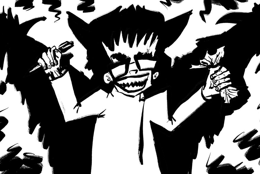 Black and white graphic illustration of a person, wearing square glasses, with a spiked fringe and a dark spooky shadow behind them.