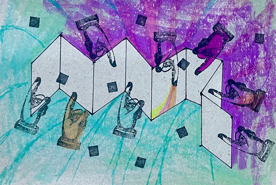 Shaded drawing of hands holding a folded zine.