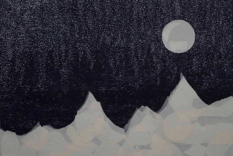 A black and white woodblock print on Hosho rice paper depicting the full moon in the night sky over a snow-capped mountain range, by artist Jessi Wong.