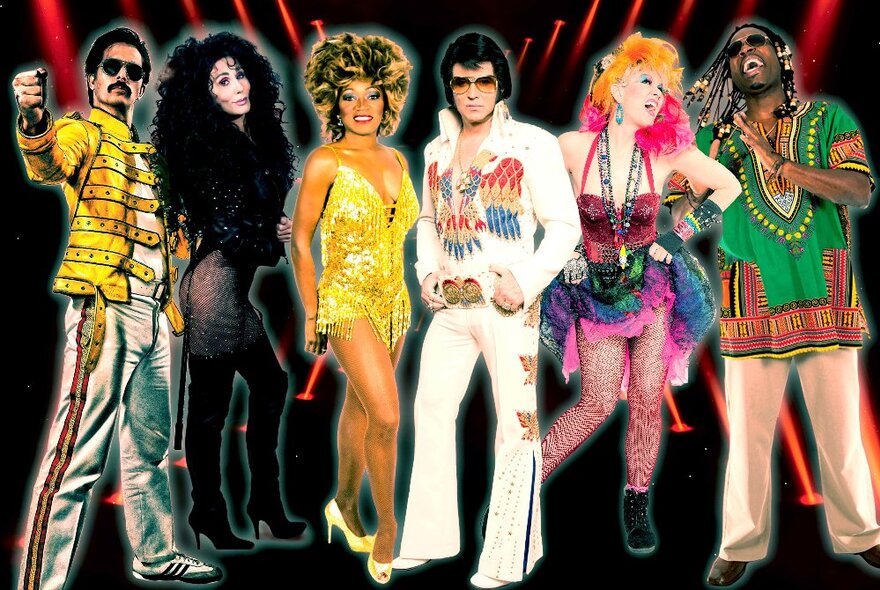 Six tribute performers dressed as Freddie Mercury, Cher, Tina Turner, Elvis, Madonna and Stevie Wonder.