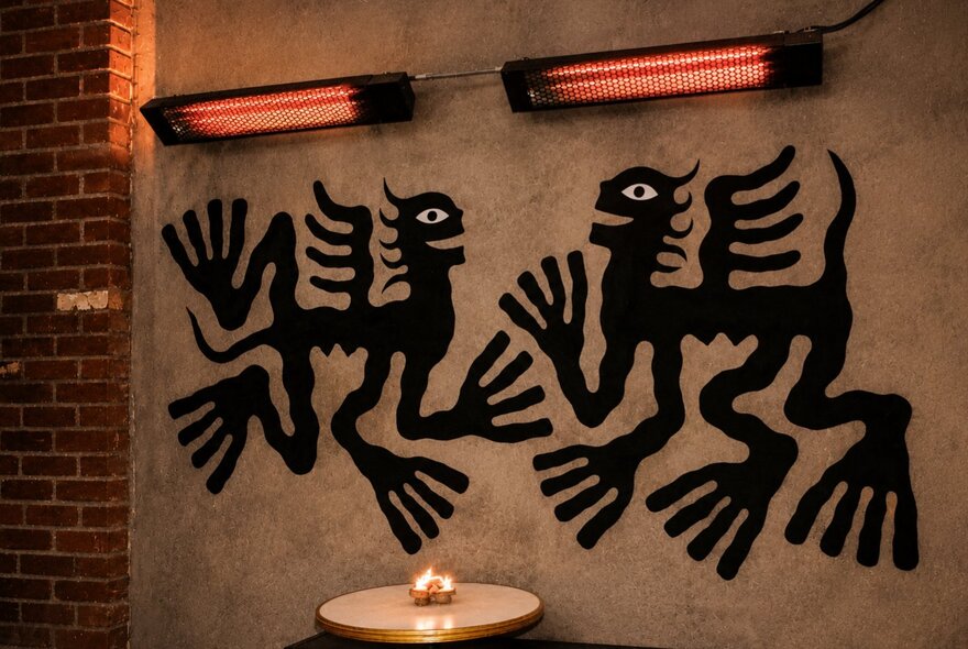 Two black cut-out creatures facing each other on a bar wall under old-fashioned wall heaters. 