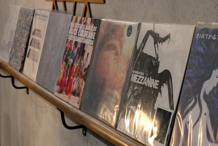 A wall shelf with albums on it.