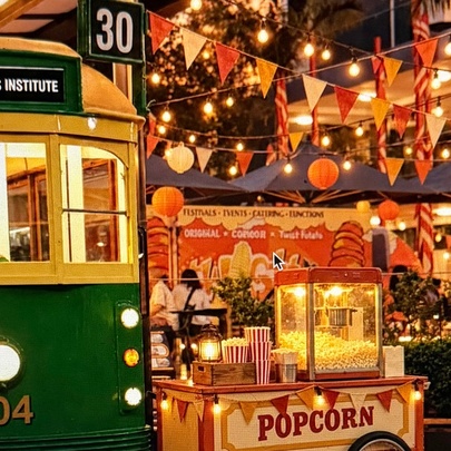 An old W-Class Melbourne Tram with a vintage popcorn card and lots of lights and bunting. 