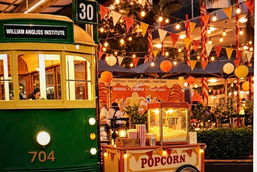 An old W-Class Melbourne Tram with a vintage popcorn card and lots of lights and bunting. 