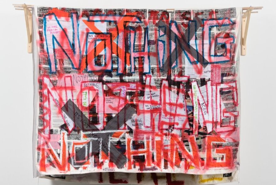 Slogan-style artwork with letters and words on linen canvas.