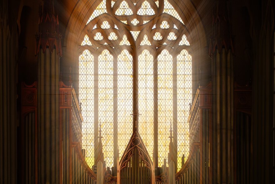 The interior of St Patrick's gothic cathedral, featuring towering stone arches and large, ornate stained glass windows, with the pipes of the organ visible in the lower half of the image.