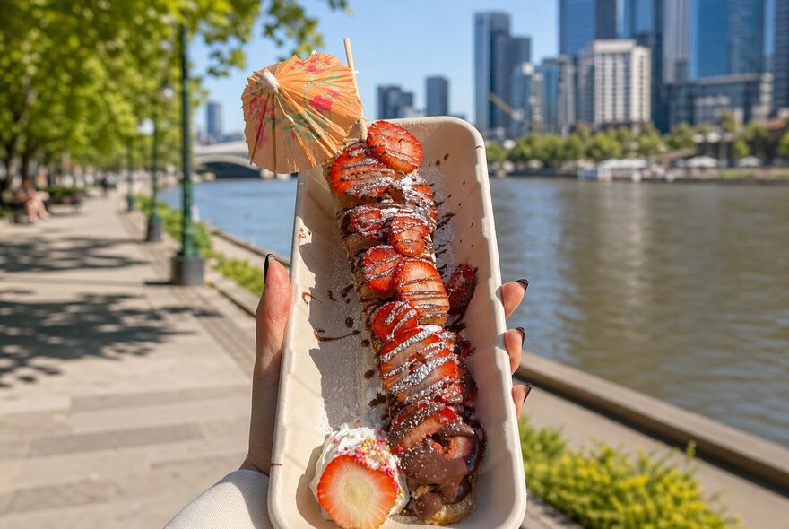 A hand holding up a creamy dessert in a takeaway container, against a backdrop of the Yarra River and Melbourne city by day.