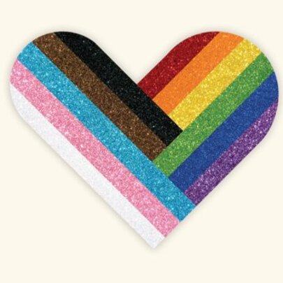 A glitter rainbow heart against a pale background, frequently used as a symbol for pride events