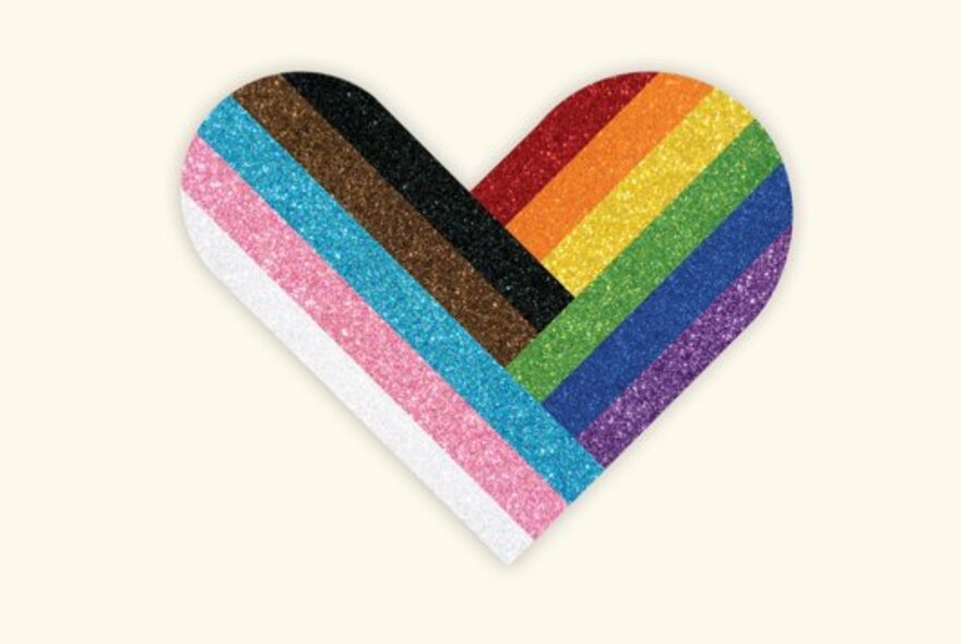 A glitter rainbow heart against a pale background, frequently used as a symbol for pride events