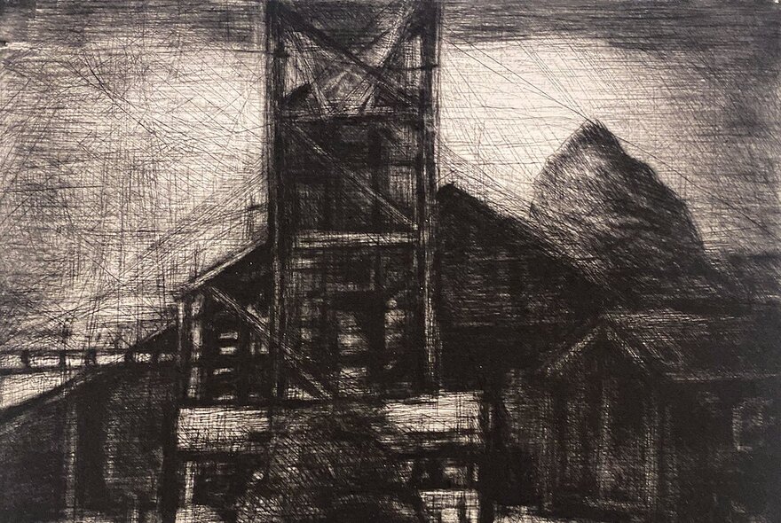 A drypoint etching in monotones depicting an industrial scene. 