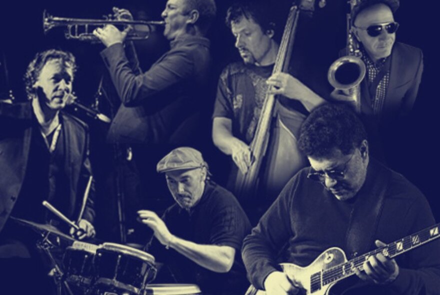 Montage of musicians playing drums, guitar, trumpet and other instruments.