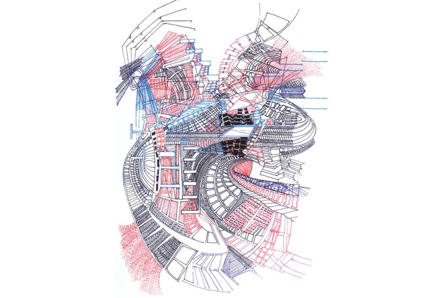 An architectural drawing of swirling staircases, steps and curved forms in shades of red and blue.
