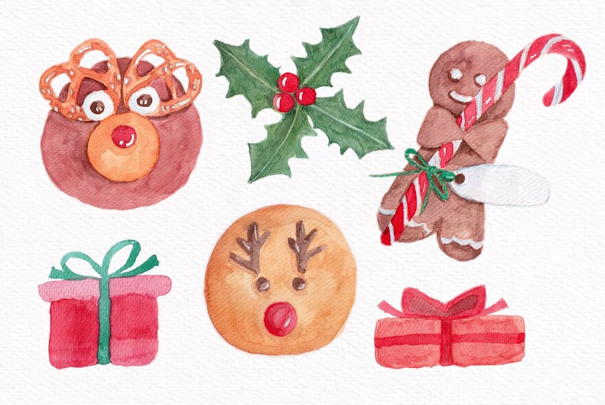 A watercolour painting of festive symbols including a striped holly, decorated cookies, wrapped gifts and a gingerbread man.