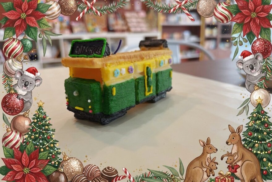 A mini Melbourne tram made entirely from chocolate.