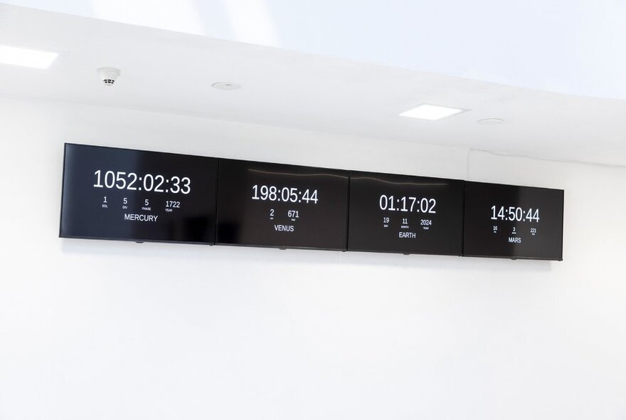 Installation artwork with four-panelled time clock on a white wall.