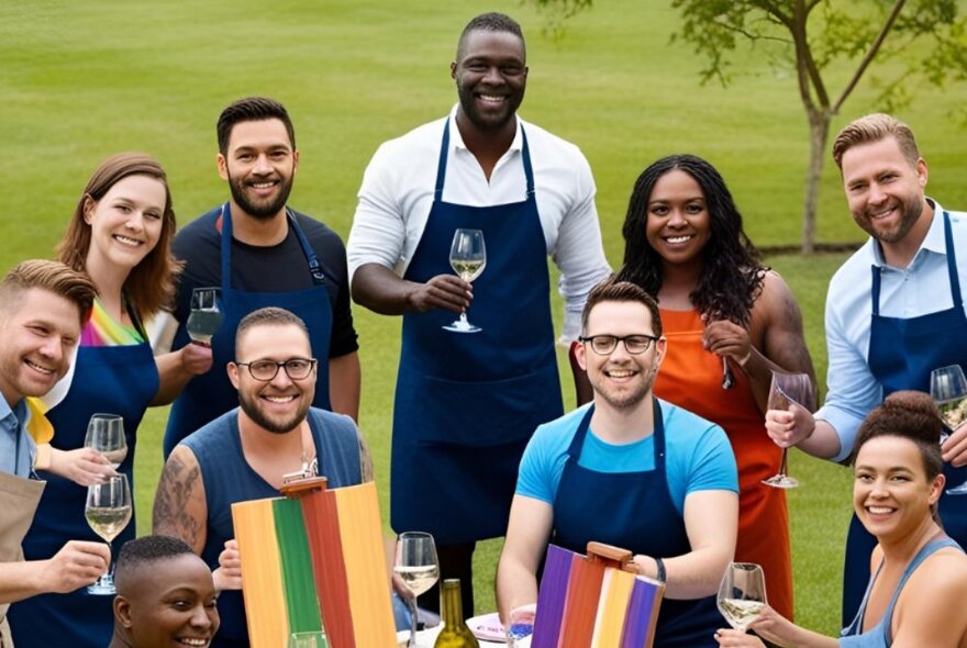 People standing at a table holding glasses of wine with rainbow atworks on easels.