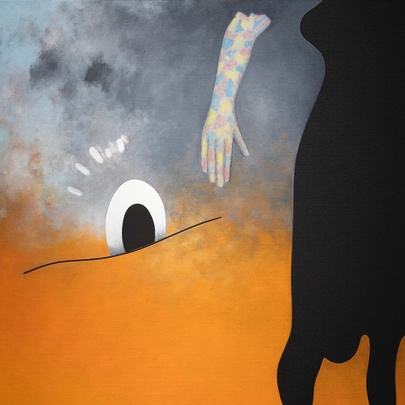 Painting of a orange landscape, a black silhouette of a person, and a detached, patterned arm reaching toward a stylized moon on the horizon.