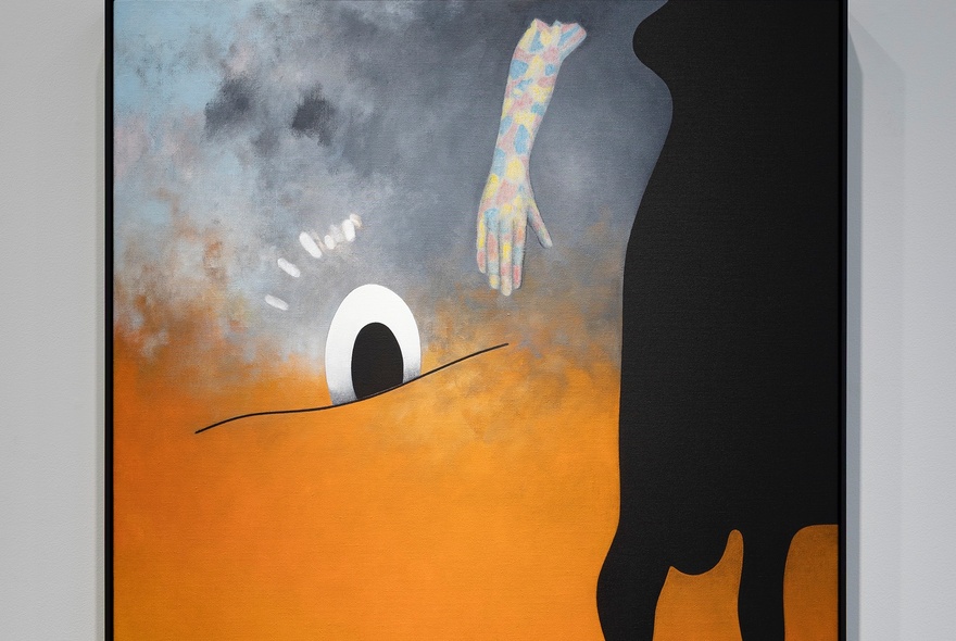 Painting of a orange landscape, a black silhouette of a person, and a detached, patterned arm reaching toward a stylized moon on the horizon.