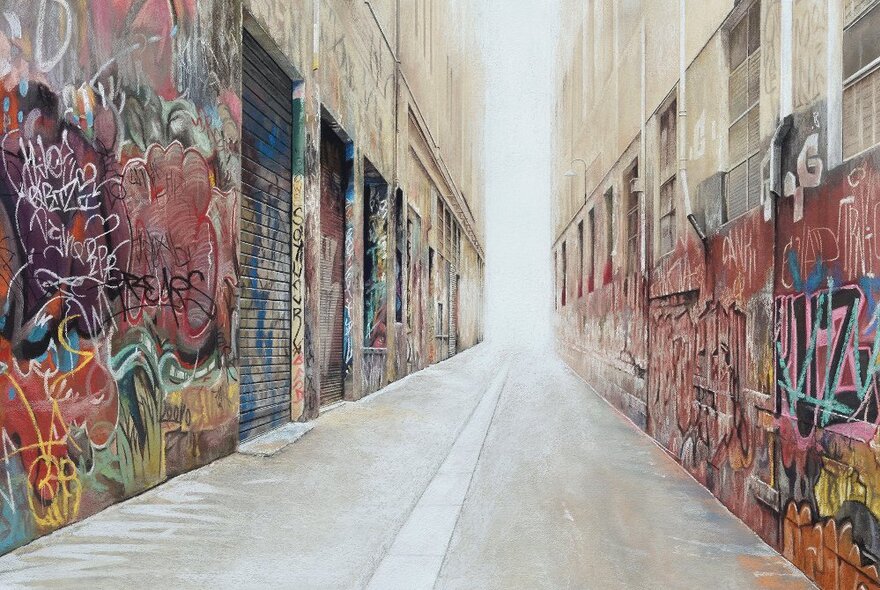 Pastel drawing of a narrow laneway with buildings on either side painted with bright street art and graffiti.