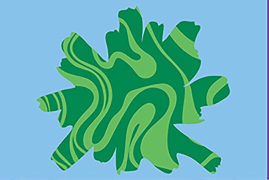 Graphic design illustration featuring abstract green shapes on a light blue background. 