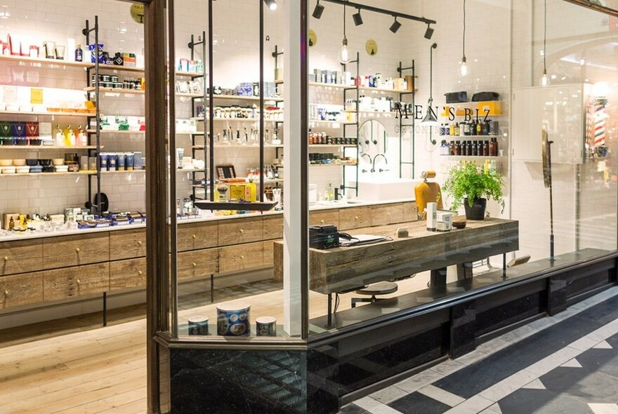 Shopfront inside Royal Arcade showing grooming products.