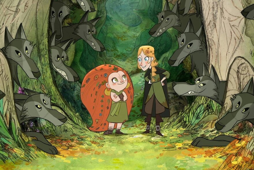 A still from the animated film Wolfwalkers, with a flame-haired girl standing next to another girl, surrounded by several grey wolves in a forest clearing. 