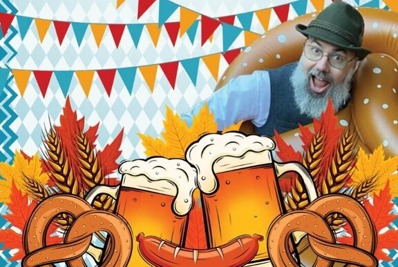 An illustration of two biers, wurst and pretzels with bunting and a bearded man in a hat with his mouth wide open.