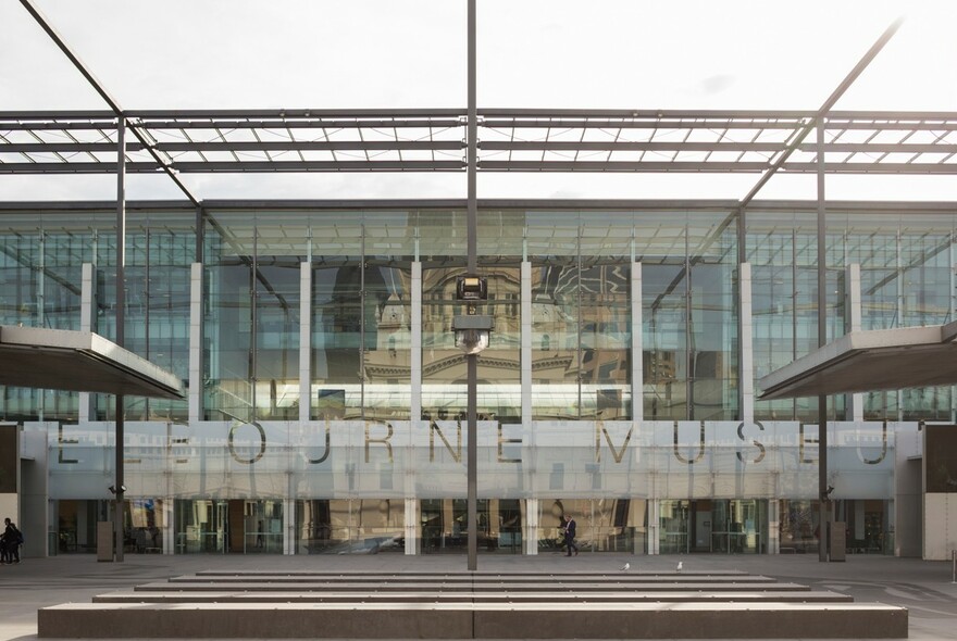 Large glass windows of the Melbourne Museum building.