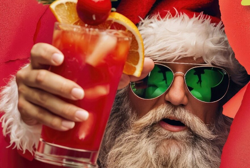 Santa with green aviator sunglasses holding up a large red drink with ice and garnishes. 