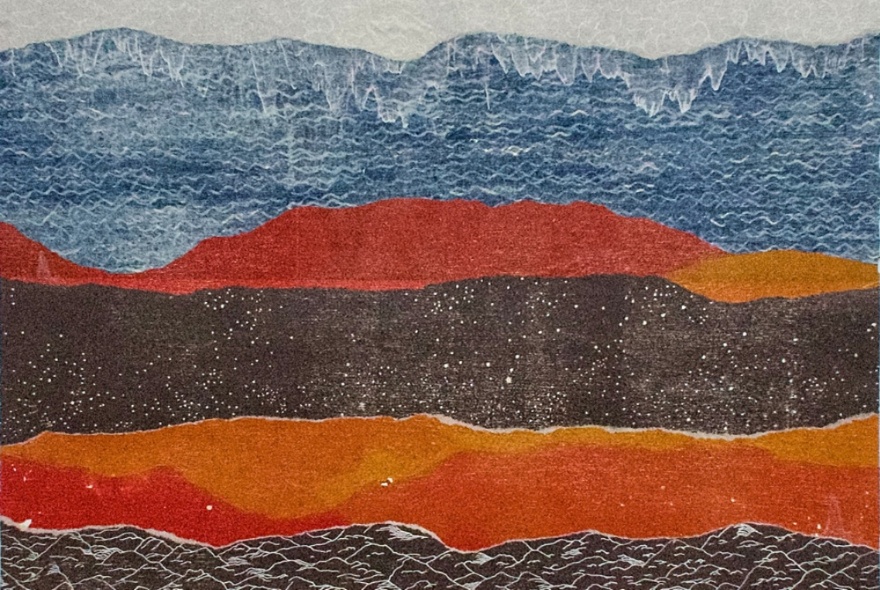 A red, brown and blue woodblock print on Hosho rice paper depicting earth and water, by artist Jessi Wong.