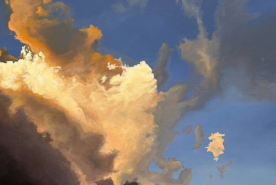 Painting of sunlit clouds in a blue sky.