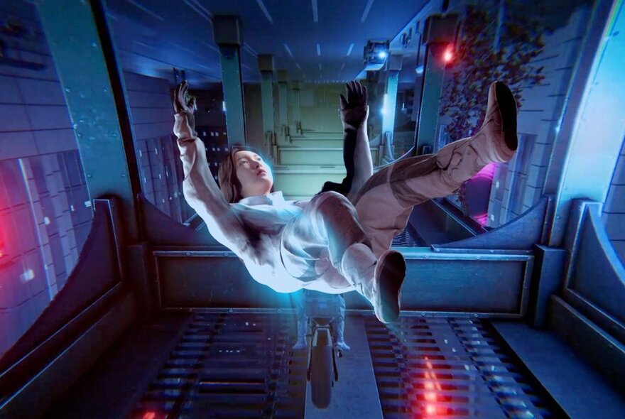 A female astronaut hanging in zero gravity inside a futuristic, spaceship-like room.