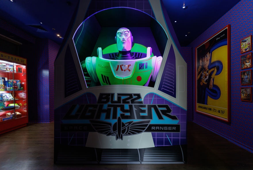 Buzz Lightyear sculpture in an exhibition space.