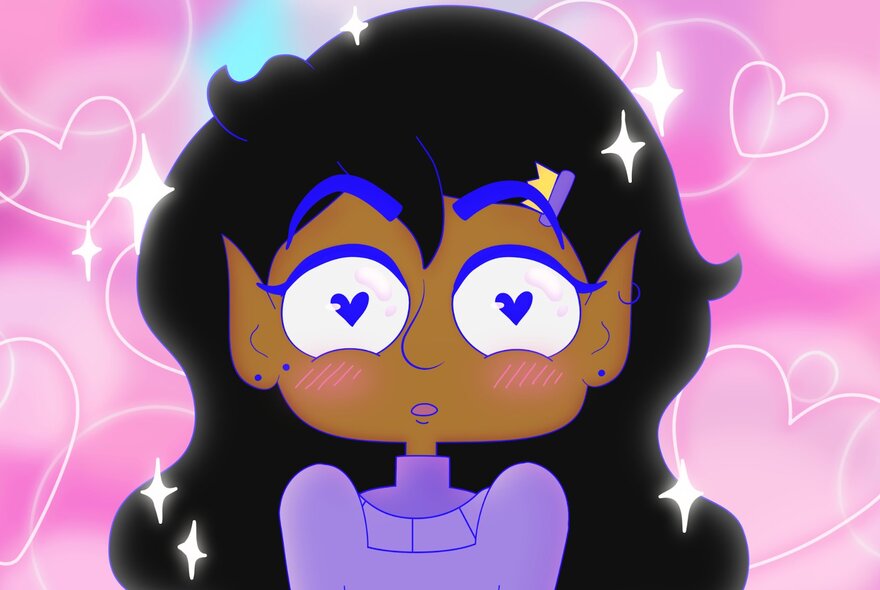A cartoon depiction of a young woman with black hair and large, blue-rimmed eyes with heart-shaped pupils; pink love heart background.