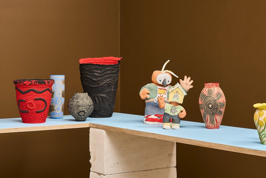 A selection of colorful contemporary ceramics and small sculptures on display at the gallery space at Craft.