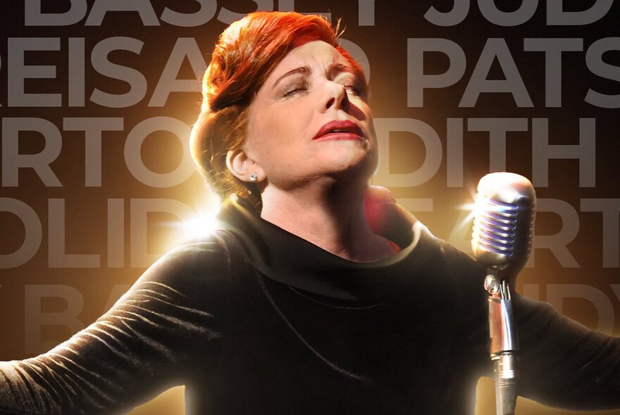 Singer, Bernadette Robinson, with head back and arms outstretched, singing into an old-fashioned silver microphone.