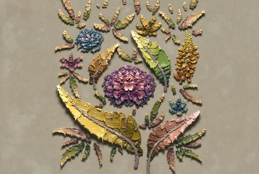 A highly textured, three-dimensional botanical sculptural painting by artist Josh Davison.