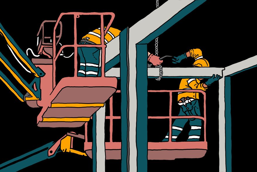 A graphic illustration by Sam Wallman showing construction workers in elevated work platforms securing structural steel components.