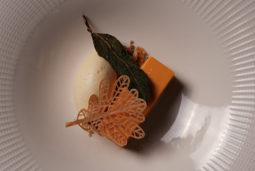 A gourmet dish seen from above with a green leaf as garnish.