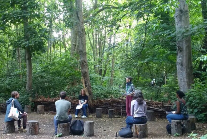 People sitting on tree stumps in a forest in an organised semi-circle around a speaker. 