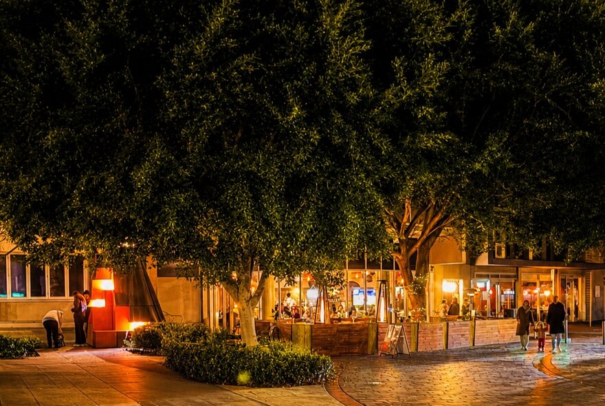 A night time street view with illuminated outdoor dining spaces sheltered beneath large, dense green trees.