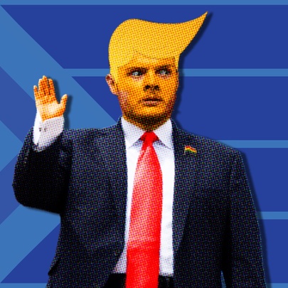 A digitally altered photo of a man in a dark suit, white shirt, and red tie with orange skin and stylized yellow-blonde hair, raising his right hand against a blue background.